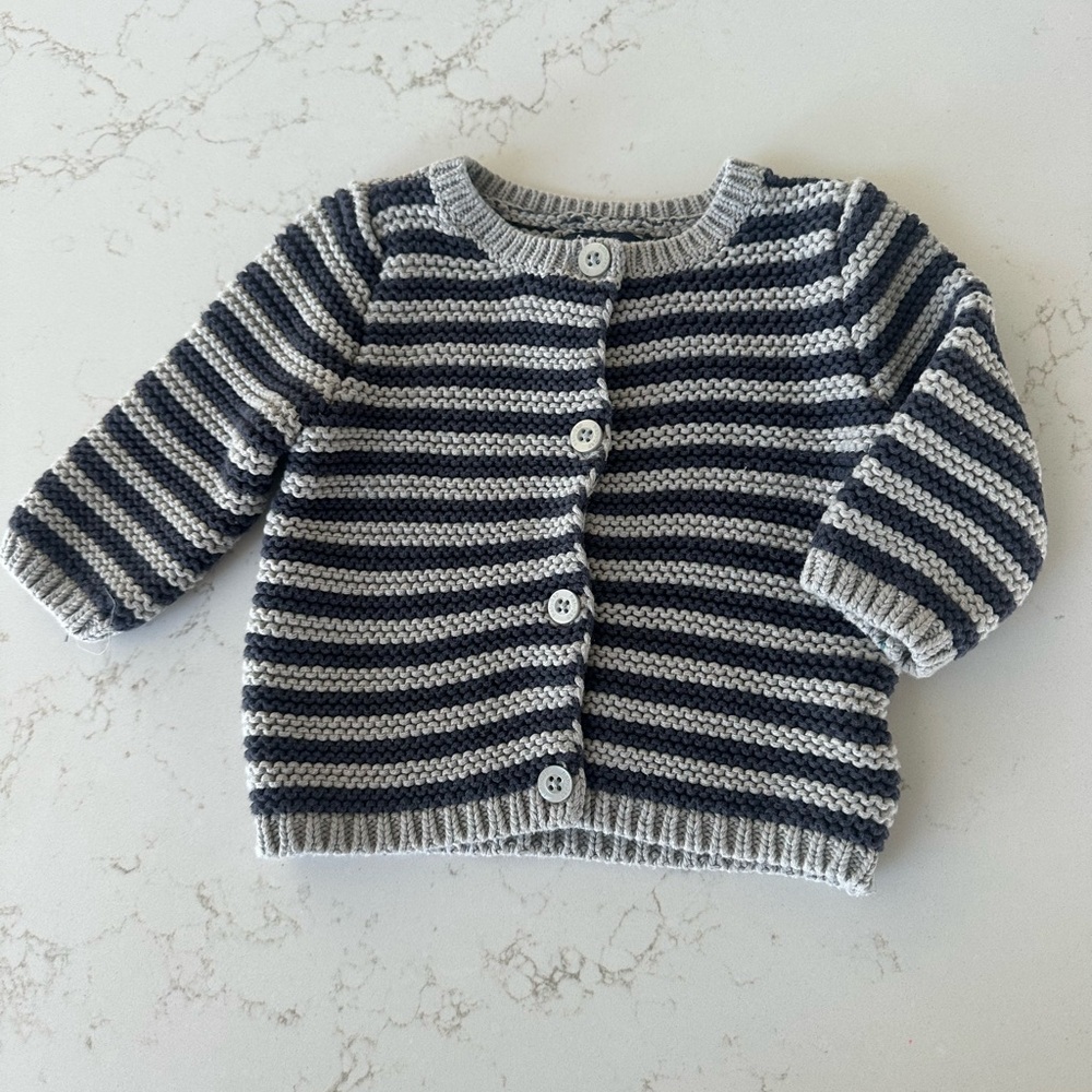 Striped Gray and Blue Gap Knit Cardigan